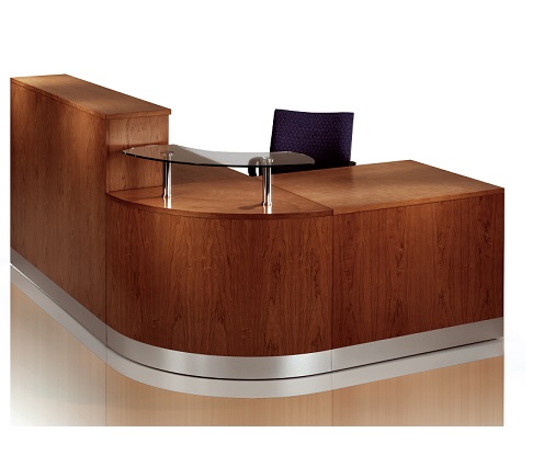 Bespoke Wood Corner Reception Desk with glass shelf