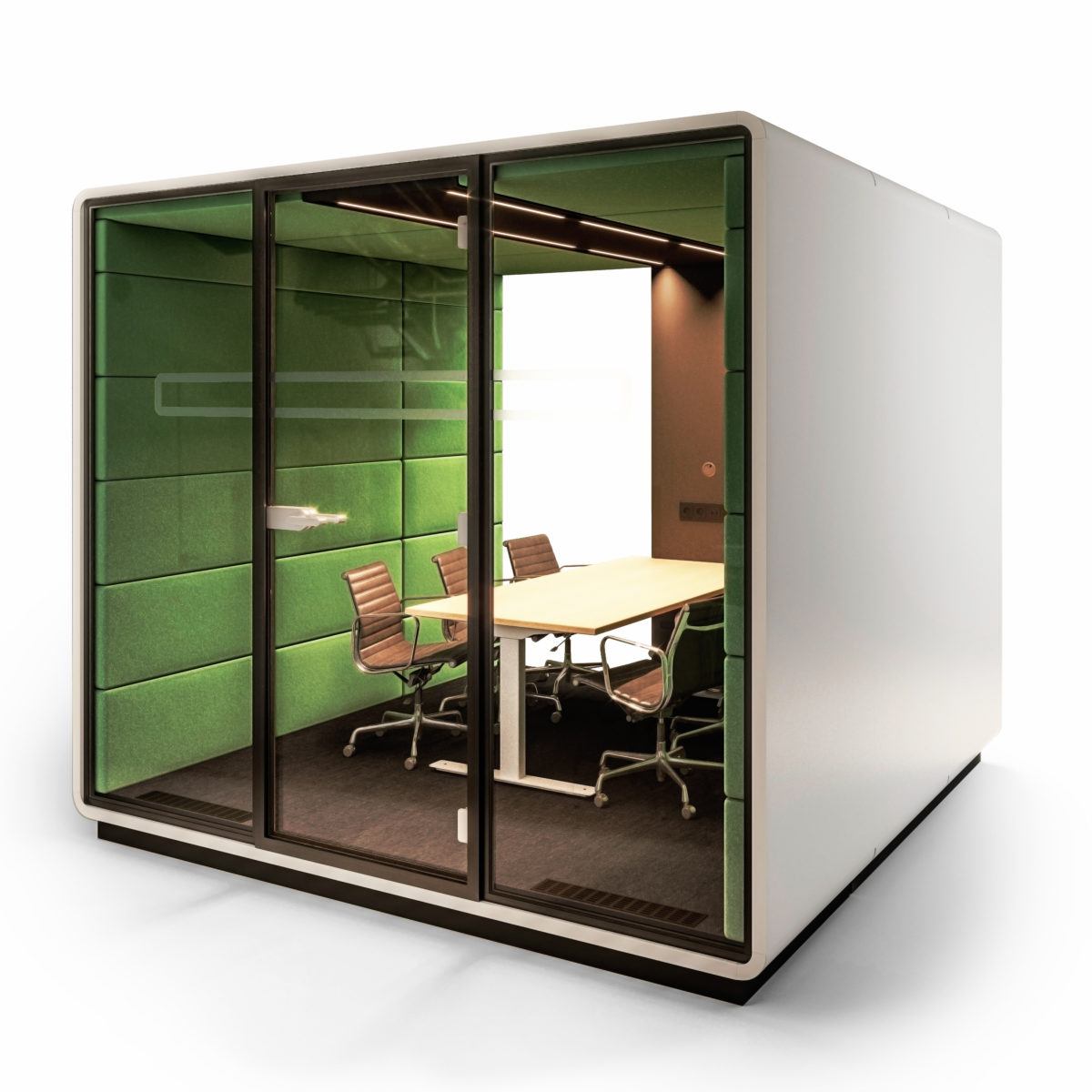 TWS Sample Meeting Pod with Glass Front & Tables & Chairs Inside